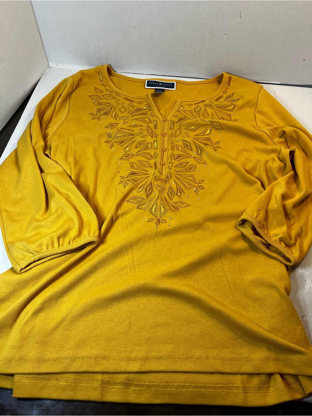 Karen Scott Mustard Embellished 3/4 Sleeve Tunic Top